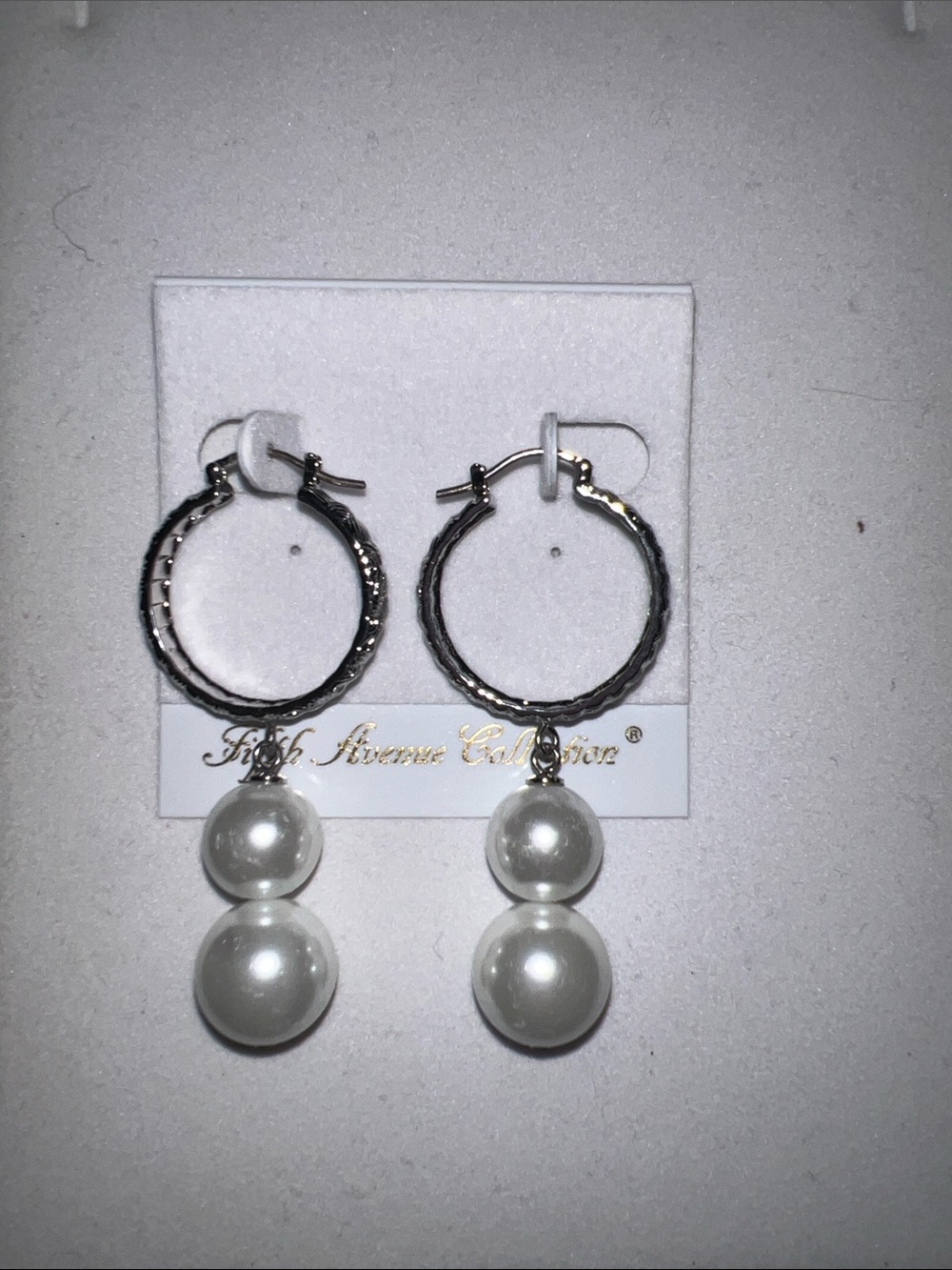 Double Pearl Drop Hoop Earrings - White Pearls